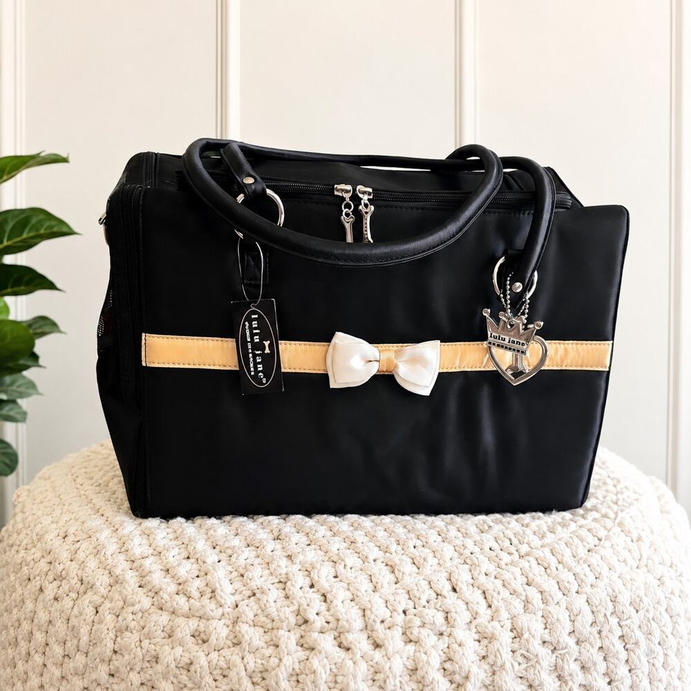 Y2K Lulu Jane Couture Pet Carrier Purse Black Cream Bow Silver Charm Dog Bag NWT